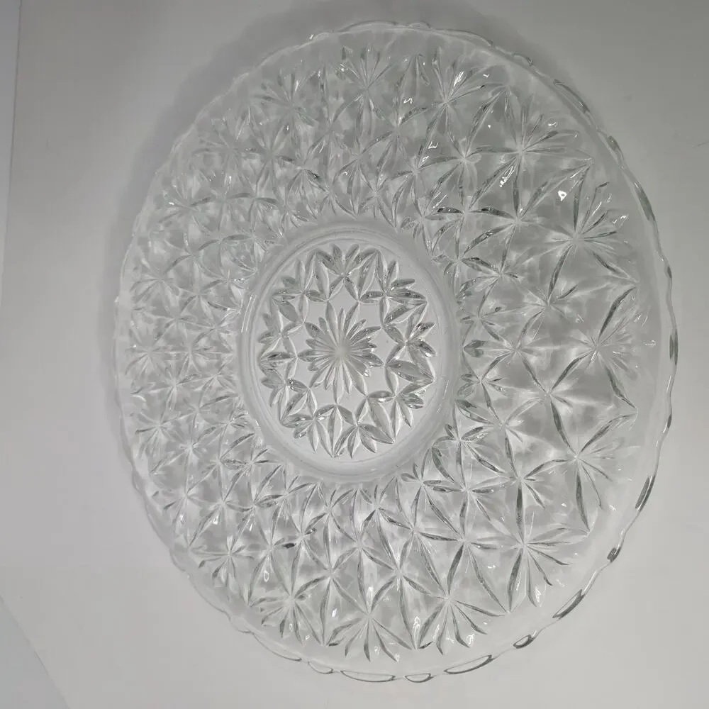 Vintage Clear Pressed Glass Round Serving Platter Starburst Floral 12 Inch
